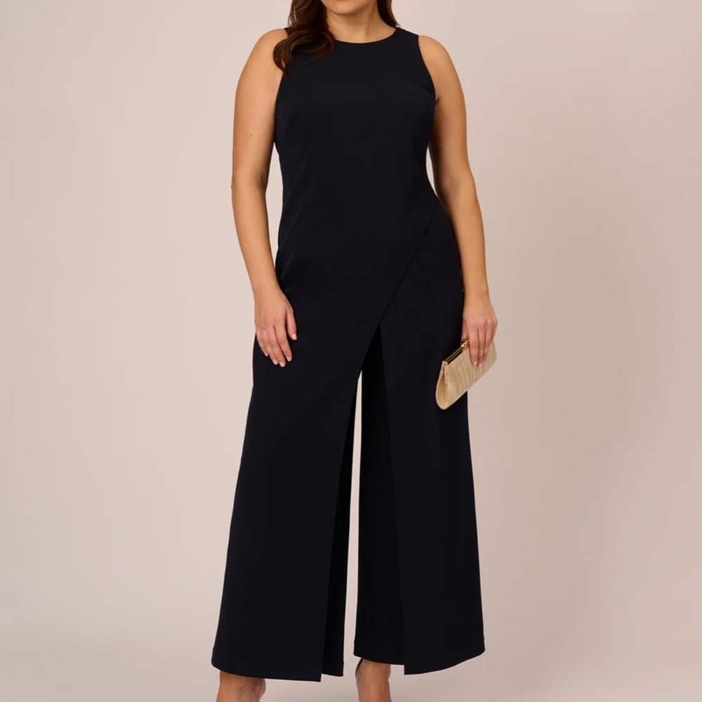 Adrianna Papell Sleeveless Asymmetrical Black Jumpsuit Midnight size 16